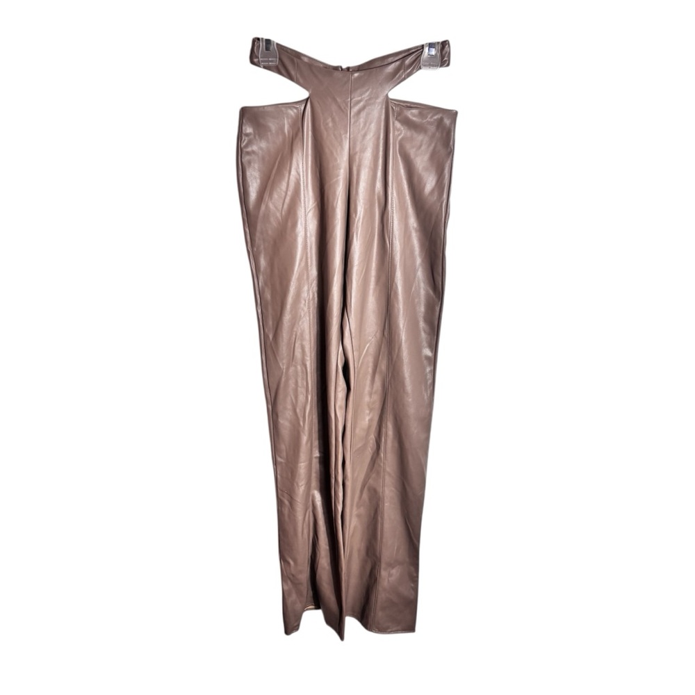 ASYOU tan taupe cut out waistband  bootcut faux leather pants